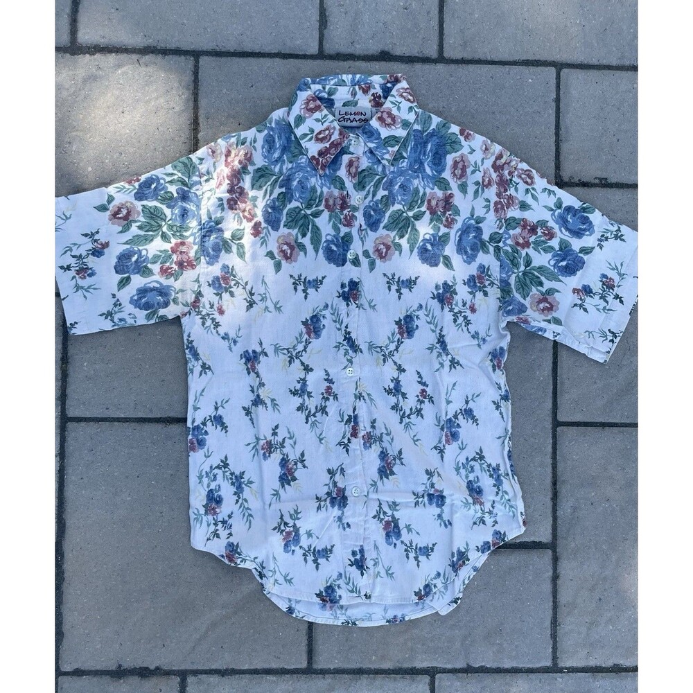 Lemon Grass Vintage 90s Floral Cotton-Linen Blend Size Men’s Medium Button Up